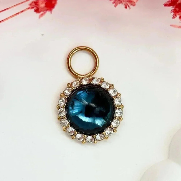 Blue & Clear Circular Rhinestone Gold Toned Vintage Circular Pendant | Charm - Picture 1 of 8
